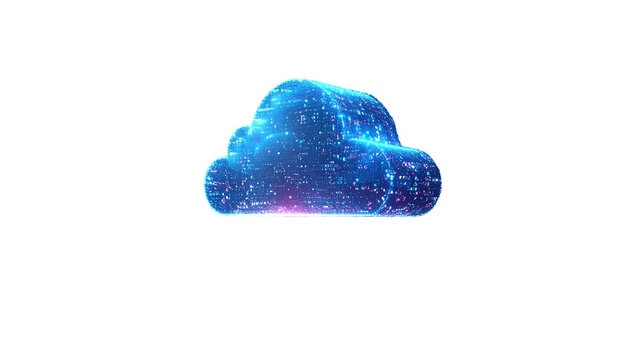 A digital cloud icon composed of sparkling blue and pink lights against a black background