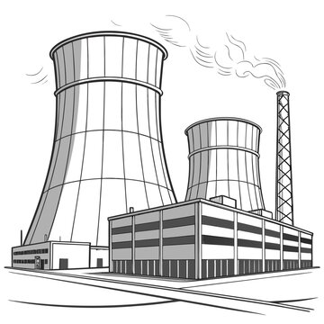 Cooling towers and industrial building complex with smokestack