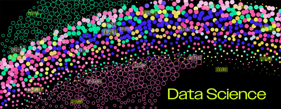 Colorful circles in rainbow hues form a dense wavy cluster with coordinate labels on black background in vibrant vector art. Conceptual vector illustration for data science and colorful data visualiza