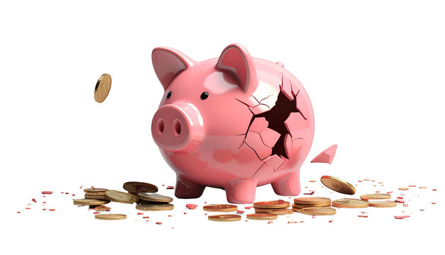 Pink piggy bank, broken with coins spilling out, set against a black background