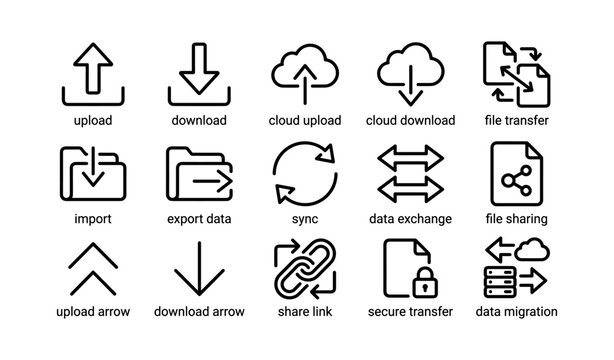 Data exchange icon set: upload, download, sync, cloud storage, file sharing