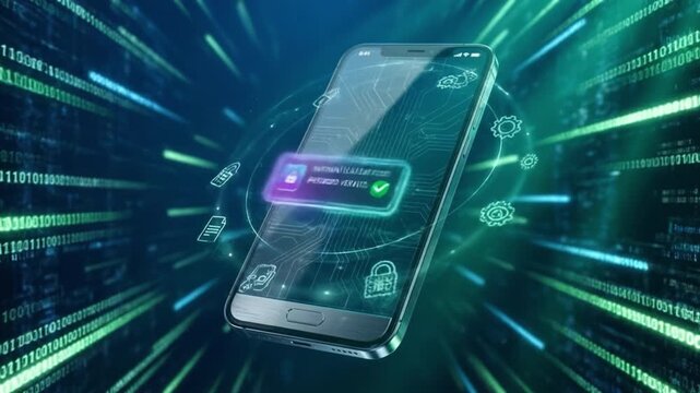 Secure mobile authenticator notification smartphone screen confirming password verified with glowing security icons and abstract binary data tunnel conveying fast digital protection password verified