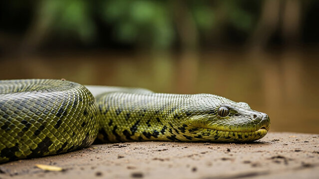 Green snake with black spots resting on dirt