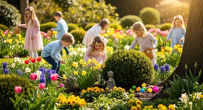 Children searching for hidden objects in a vibrant flower garden during daytime