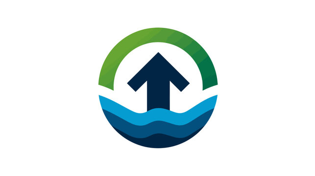 A stylized upward arrow rising from layered waves, enclosed by a green half-circle