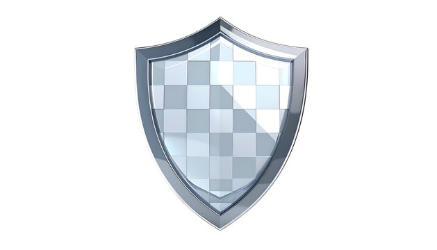 A silver shield emblem with a checkered pattern and transparent center