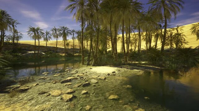 Sunlit palm grove at Dakhla oasis, shimmering water reflecting dunes and warm sky tranquil lagoon edged by rocky shore, soft ripples, amber glow and peaceful