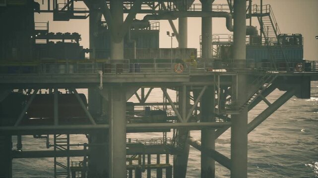 Sunlit oil rig framework reflecting water shimmer, golden highlights on metal and ripples framed through structural grid, serene yet powerful industrial scene