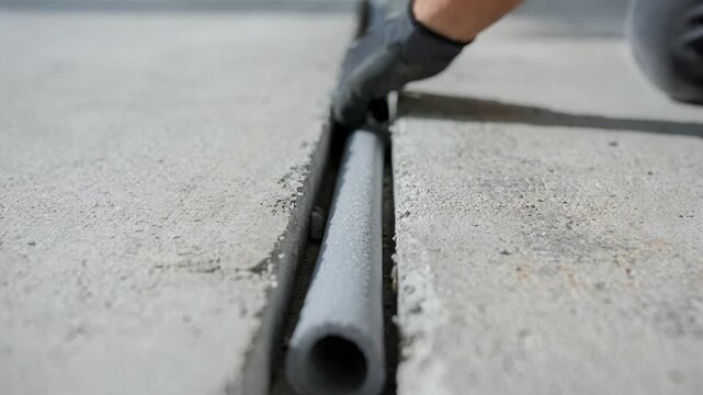 Closeup of a backer rod being inserted into a garage floor expansion joint workers hand in focus surrounding concrete edges softly blurred.