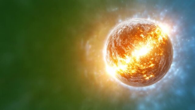 Celestial Inferno: An abstract view of a celestial body ablaze with fiery energy, set against a dynamic backdrop of swirling green and blue hues, embodying the concept of cosmic creation.