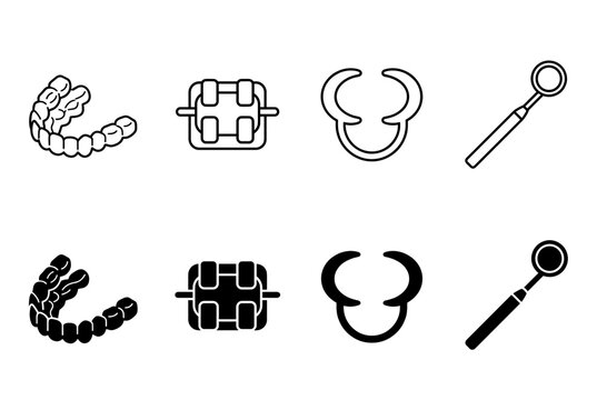 Orthodontic Dental Care Icons Set Featuring Clear Aligners Braces Retainers and Dentist Mirror in Line Art and Solid Silhouette for Stomatology Clinic