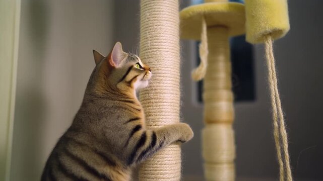 Playful Cat Standing on Hind Legs Grasping a Rope-Covered Scratching Post Near a Yellow Cushion on a Wooden Wall Background &ndash; Profile View Photo