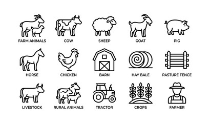 Obraz premium Farm animal icons with livestock, tractor, barn, and crops in simple outline style