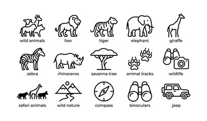 Fototapeta premium Wild safari icons: lions, tigers, elephants, giraffes, zebras, and more