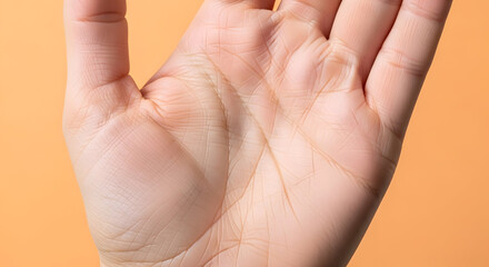 Close up of a human palm showing intricate lines and texture against a soft peach background, symbolizing destiny and personal journey