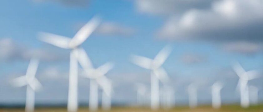 Wind Turbine Field: A blurred vista of wind turbines, gently rotating in a field under a bright blue sky, embodies sustainable energy and the power of nature.