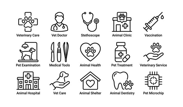 Veterinary care icons: vet doctor, pet examination, health services, animal clinic tools