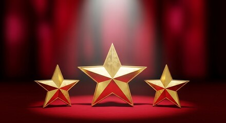 Three golden stars on a red carpet with spotlight against a blurred red background
