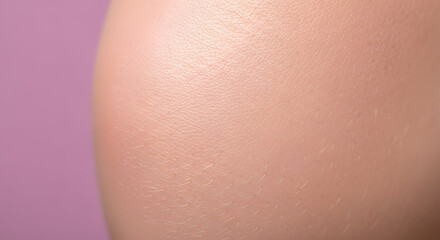 Close up of smooth human skin with fine hairs and subtle shimmer against a soft lilac background