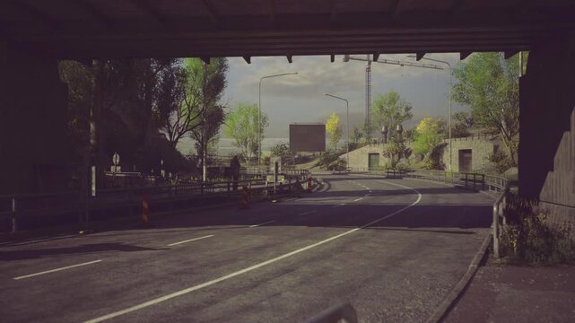 A tranquil road curves gently, bordered by vibrant trees in shades of green and gold. A distant construction crane appears as clouds float lazily overhead, creating a serene atmosphere.