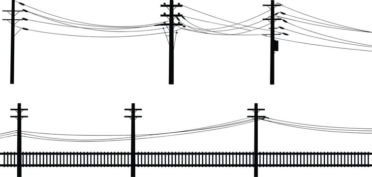 Electric power line poles silhouettes utility wires infrastructure collection isolated power line poles silhouettes utility wires infrastructure collection isolated vector illustration black white set