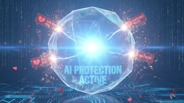 AI protection active glowing shield around smartphone with electric circuit core and electric circuit background repelling scam messages while digital firewall blocking spam messages and phishing