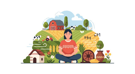 Fototapeta premium Peaceful Woman Meditating in Rural Farm Landscape. Flat Vector Illustration of Sustainable Living, Agriculture, and Mindfulness Concept.