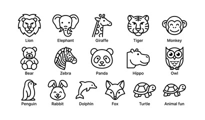 Fototapeta premium Animal icons: lion, elephant, giraffe, tiger, monkey, panda, more