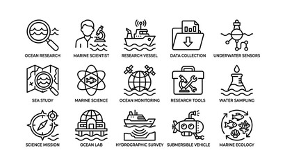 Obraz premium Icons depicting ocean research and marine science tools and activities