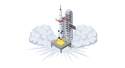 Rocket Launch Pad Isometric View with Smoke and Flames, Space Exploration © Ani