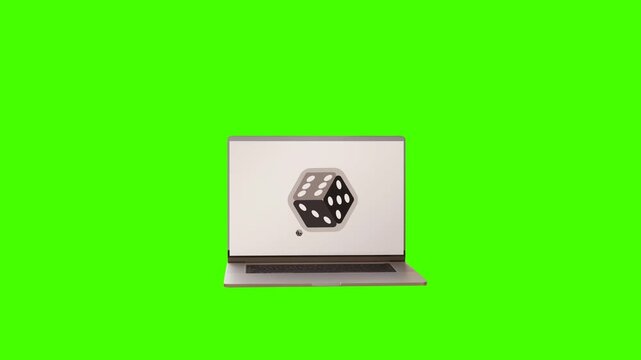 Casino dice on the laptop screen, loop video, alpha channel, igaming, online gambling.