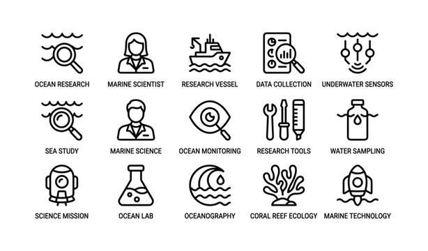 Ocean research icons: marine science, vessel, data collection, sensors