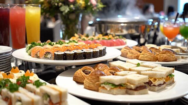 Elegant buffet featuring sushi rolls, sandwiches, and refreshing drinks