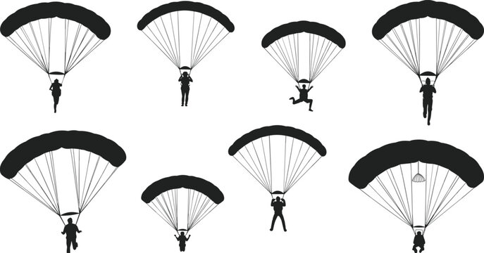 Parachuting silhouettes collection, skydiver parachute landing poses isolated extreme sport clipart illustration bundle set design