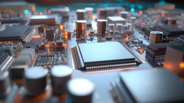 Microchip Circuitry: A detailed view of a microchip with intricate circuitry, radiating an aura of technological prowess. It symbolizes the complex interplay of components in modern technology.