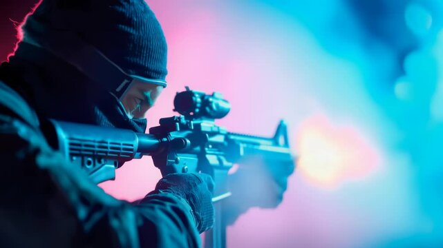 Dramatic silhouette of an armed soldier aiming a rifle in a dark, moody scene representing military security and conflict themes