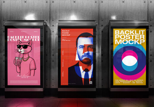 Backlit Poster Mockup - Triple Billboard Display in Concrete Wall