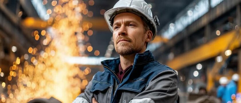 Confident Engineer in Industrial Setting: A determined engineer stands resolute amidst the fiery spectacle of an industrial setting, his gaze fixed on the challenges ahead.