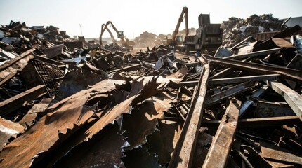 Scrapyard scene with heavy machinery and piles of torn metal debris under bright sunlight