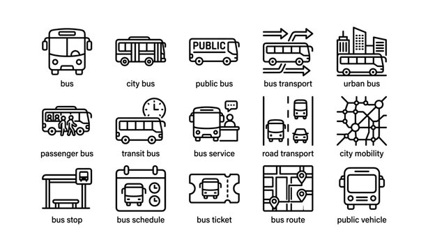 Icon set of various bus and public transport symbols for city mobility