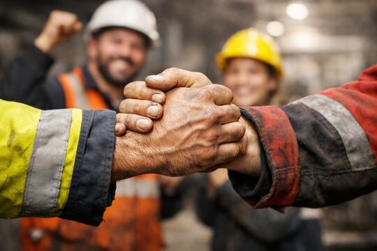Two construction workers in hard hats shake hands, celebrating a job well done together