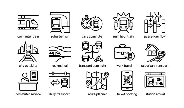 Commuter train line icons for daily commute and transportation planning