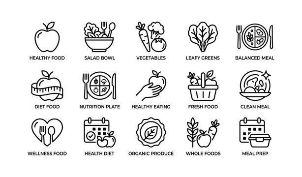 Icons illustrating healthy eating with fresh produce and balanced meals