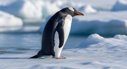 Obraz premium Gentoo penguin resting on Antarctic ice shelf with floating glaciers behind, representing life in extreme polar marine ecosystems.