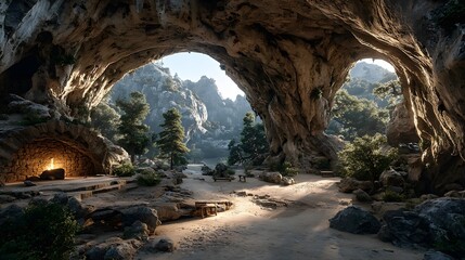 An enchanting landscape unfolds from inside a cavernous grotto. Nature's architectural marvel