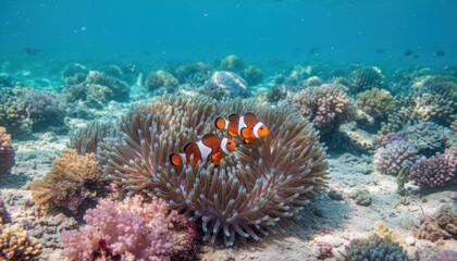 Vibrant Clownfish Nestled Within Spiky Anemone Underwater Ecosystem