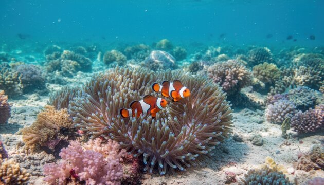 Vibrant Clownfish Nestled Within Spiky Anemone Underwater Ecosystem