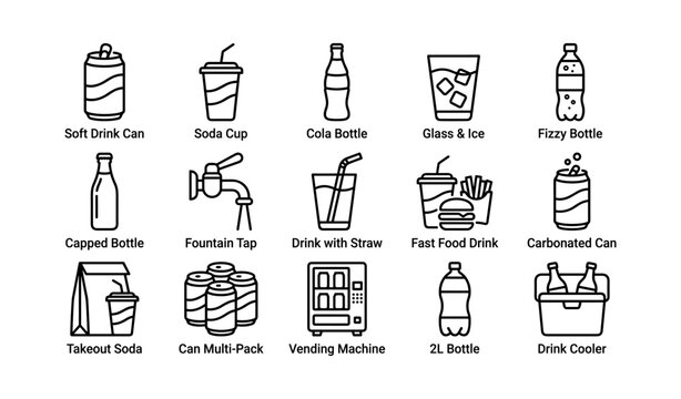 Variety of beverage containers and dispensers line art icon set