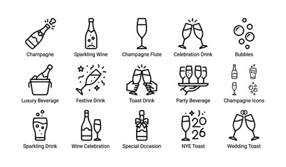 Naklejka premium Icon set: champagne, sparkling wine, toast drink, celebration beverage, party icons