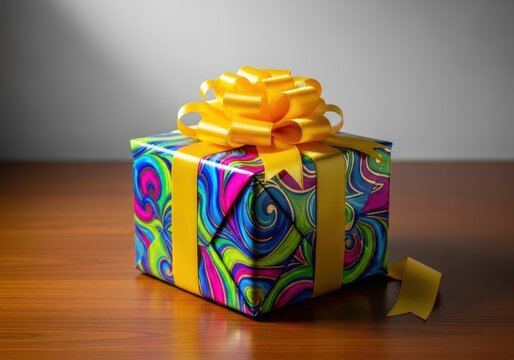 Brightly wrapped mystery package tied with ribbon sits on a table, hinting at an unexpected and exciting gift inside, festive, sealed, wrapping